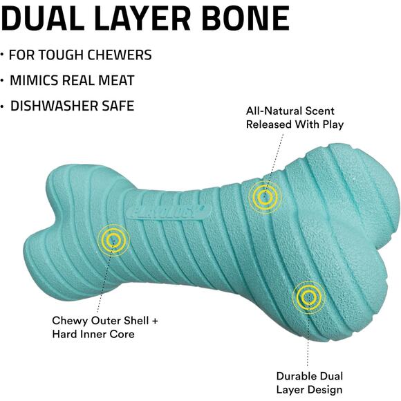 Playology Dual Layer Bone Dog Toy Peanut Butter Scent for Tough Chewers, Medium - Picture 5 of 9
